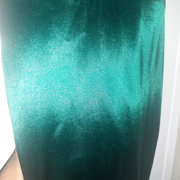 Long Satin Holiday Green Dress with Ruffled Neckline, Back Zipper - Picture 3 of 5
